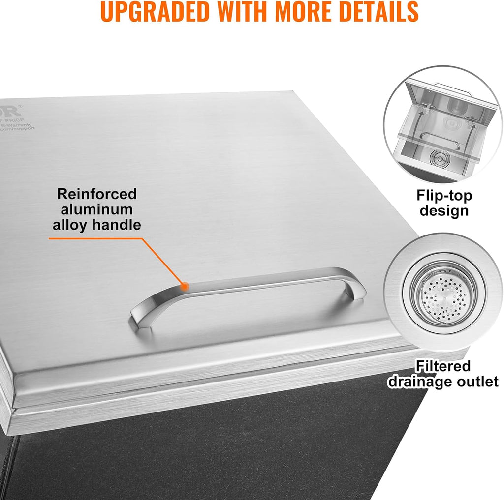 VEVOR Drop in Ice Chest, 14' L x 12' W x 18' H Stainless Steel Ice Cooler, Commercial Ice Bin with Hinged Cover, 40 qt Outdoor Kitchen Ice Bar, Drain-Pipe and Drain Plug Included, for Cold Wine Beer