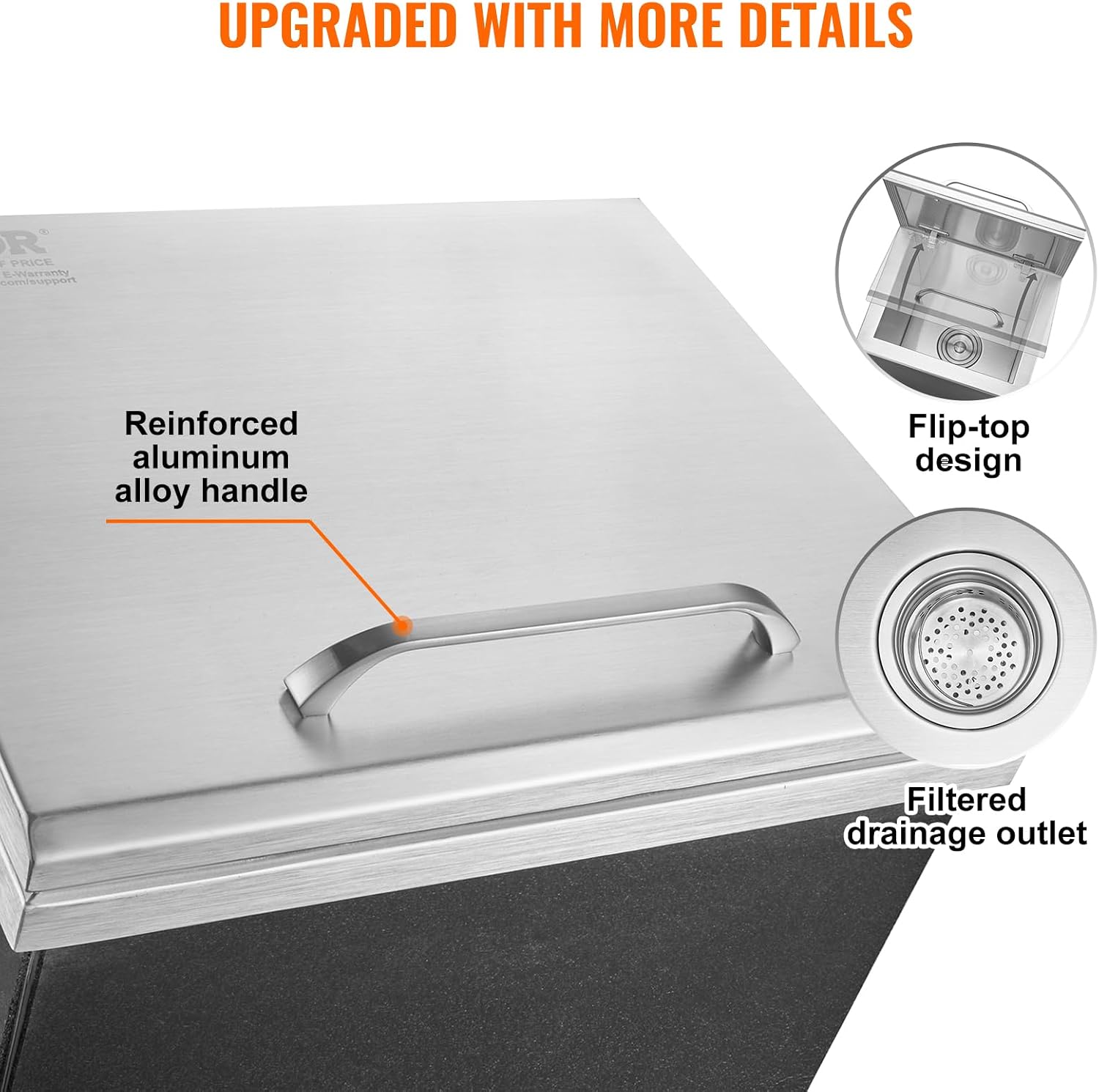 VEVOR Drop in Ice Chest, 14' L x 12' W x 18' H Stainless Steel Ice Cooler, Commercial Ice Bin with Hinged Cover, 40 qt Outdoor Kitchen Ice Bar, Drain-Pipe and Drain Plug Included, for Cold Wine Beer