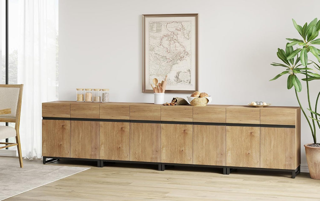 WAMPAT Sideboard Buffet Cabinets, Modern Sideboard with Adjustable Shelf and Metal Base, Coffee Bar Cabinet Storage Cabinet for Living Room, Kitchen, 4Pcs, Oak