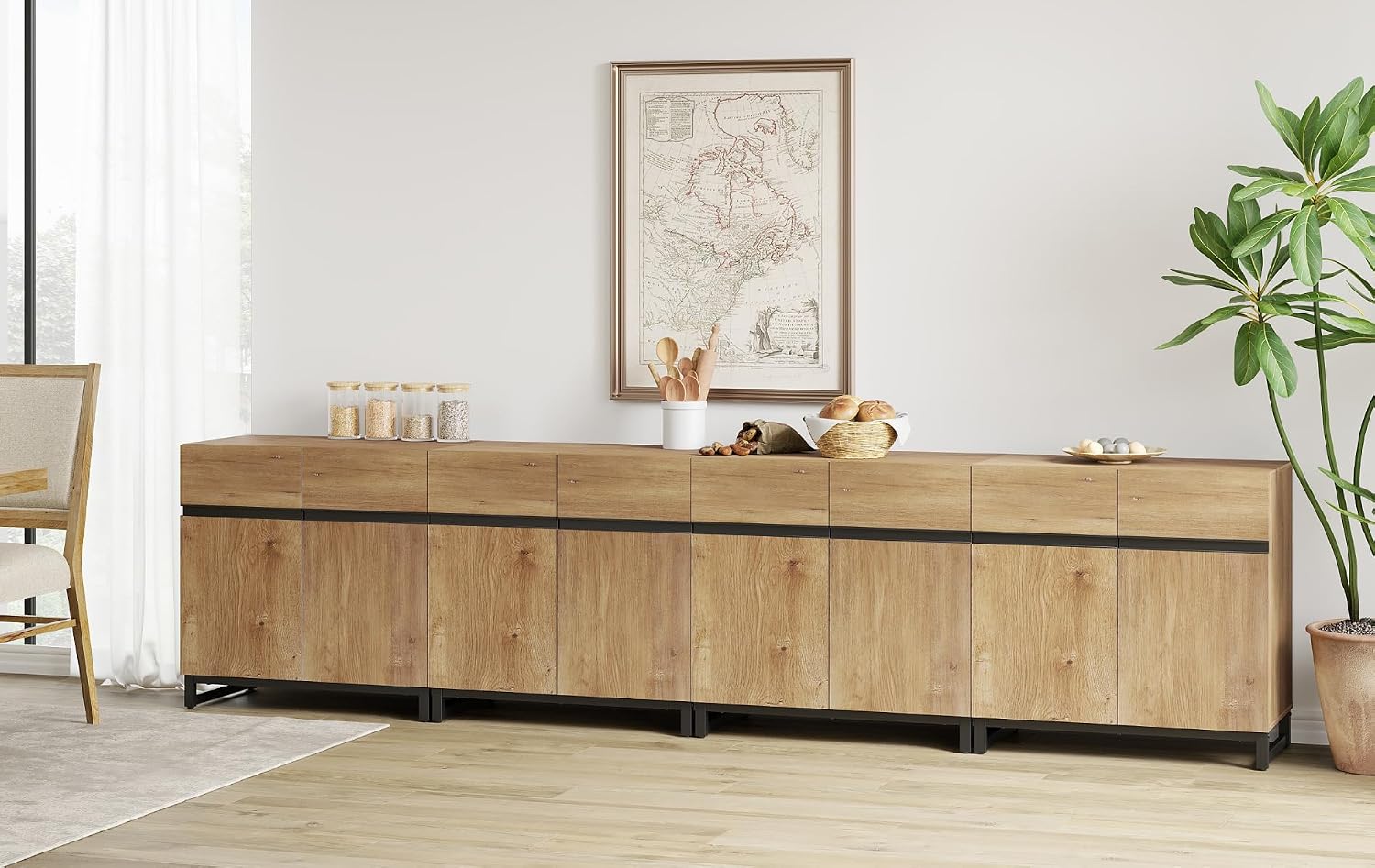 WAMPAT Sideboard Buffet Cabinets, Modern Sideboard with Adjustable Shelf and Metal Base, Coffee Bar Cabinet Storage Cabinet for Living Room, Kitchen, 4Pcs, Oak
