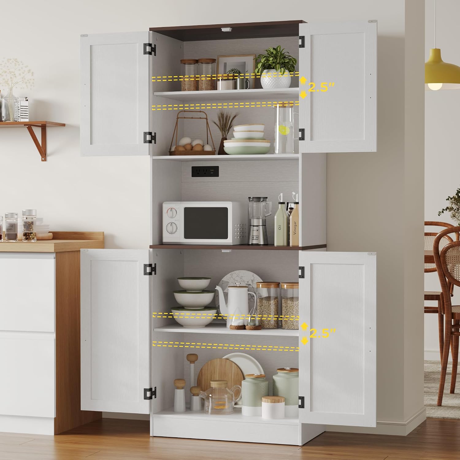 MHOM 71' Tall Pantry Cabinet with Charging Station, Farmhouse Kitchen Hutch with Adjustable Shelves, Modern Kitchen Pantry Storage Cabinet for Dinning Room & Living Room, Antique White