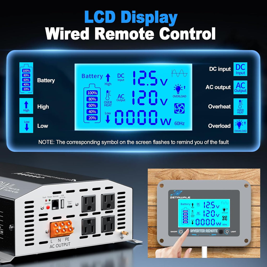 4000W Pure Sine Wave Inverter 12V DC to 110V/120V AC Converter, 8000W Peak, LCD Remote Control, 4 AC Outlets, USB & Type-C – Heavy Duty for RV, Truck, Off-Grid Solar, Home Emergency Power