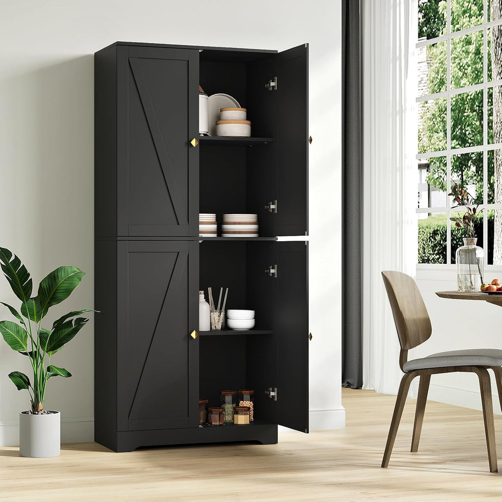 Kitchen Pantry Cabinet Set of 3, 72' Tall Farmhouse Storage Cabinet with 4 Barn Doors and Adjustable Shelves, Pantry Cabinet Versatile Storage for Kitchen, Living Room, Black