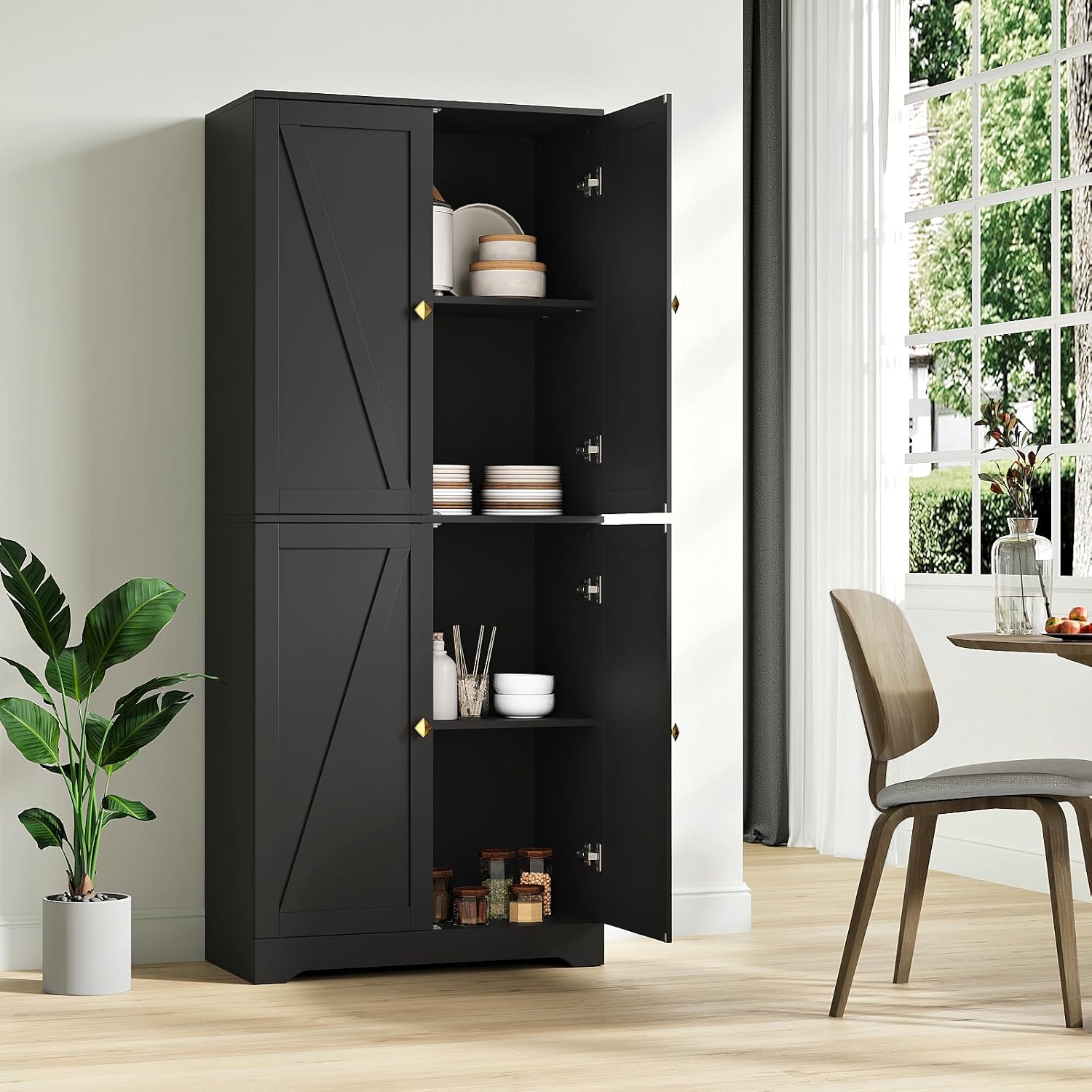Kitchen Pantry Cabinet Set of 3, 72' Tall Farmhouse Storage Cabinet with 4 Barn Doors and Adjustable Shelves, Pantry Cabinet Versatile Storage for Kitchen, Living Room, Black