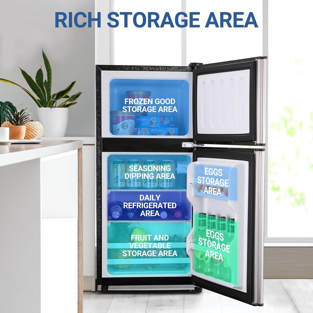 Apartment Size Refrigerator, 4.0 Cu.Ft Small Refrigerator with Freezer Suitable for Apartment, Office, Kitchen, Dorm, Compact Fridge with 7 Temperature Modes, Double Door, Silver
