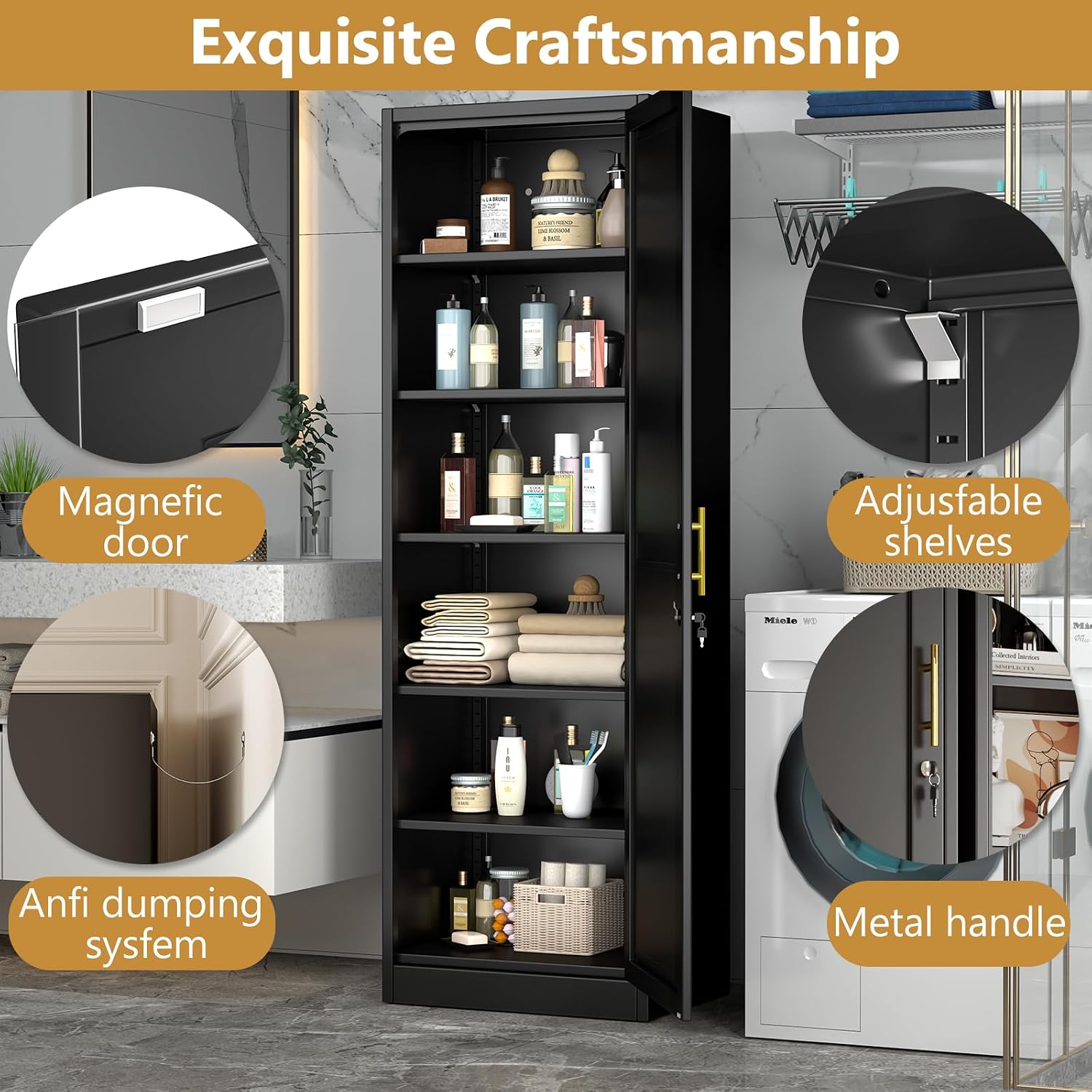 Tall Narrow Slim Metal Storage Cabinet with Lock and 5 Adjustable Shelves,Steel File Cabinets,Kitchen Pantry Cabinet Locker Organizer - 67' Storage Cabinets for Bathroom,Bedroom,Office,Black