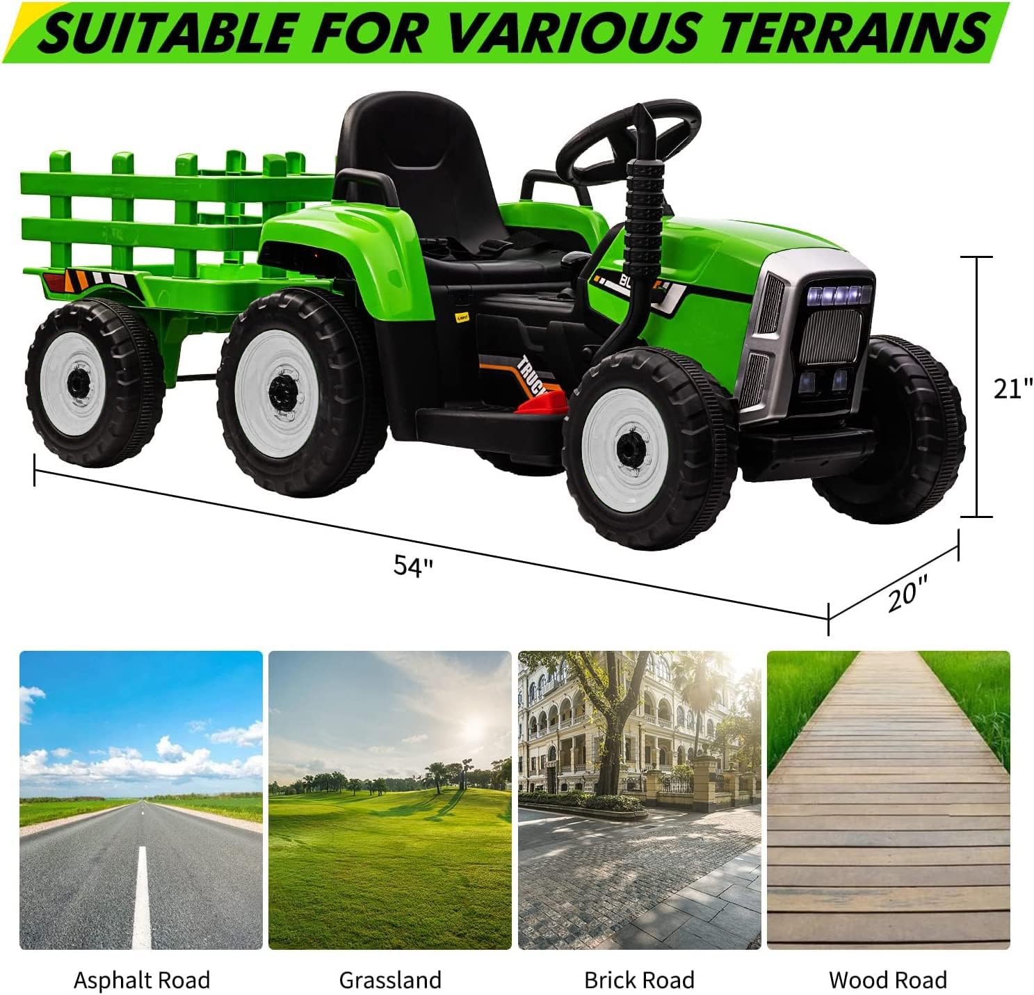Kids Ride On Tractor with Green Trailer & Remote Control, 12V Toddler Battery Powered Electric Vehicle with Slow Start 7LED Headlights USB Music Player 2+1 Gear Shift, Green Trailer, 25W/Treaded Tires