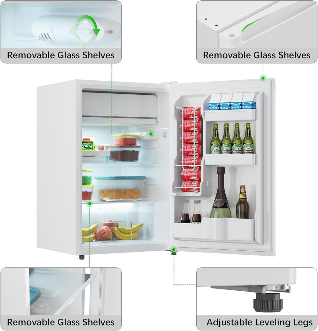 4.3 Cu.Ft Mini Fridge With Freezer – One-Door Refrigerator With 7-Level Temperature Control, 3 Removable Shelves, Low Noise & Energy-Efficient Cooling, Perfect for Home, Office, Dorm or RV(White)