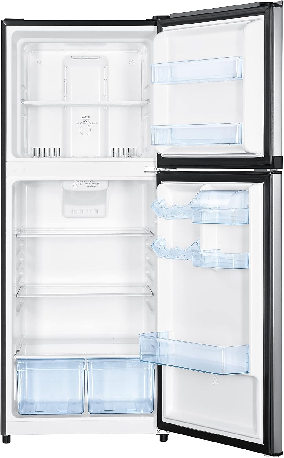 Avanti Apartment Size Refrigerator Frost-Free Defrost with Top Freezer Adjustable Glass Shelves LED Lighting Reversible Door 10.0 Cu. Ft., in Stainless Steel