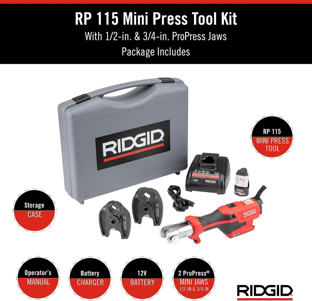 RIDGID 72553 Model RP 115 Mini Press Tool and Battery Kit with 1/2' to 3/4' ProPress Press Tool Jaws, 2V Li/Ion Battery, 12V Charger, and Carrying Case , Red