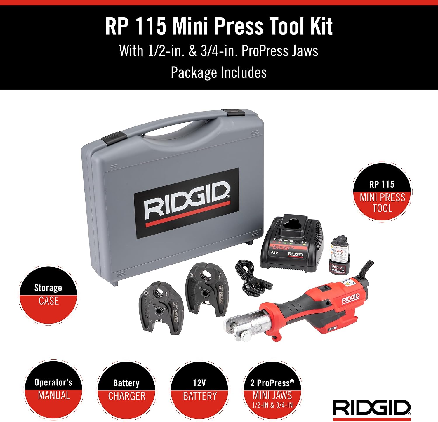 RIDGID 72553 Model RP 115 Mini Press Tool and Battery Kit with 1/2' to 3/4' ProPress Press Tool Jaws, 2V Li/Ion Battery, 12V Charger, and Carrying Case , Red