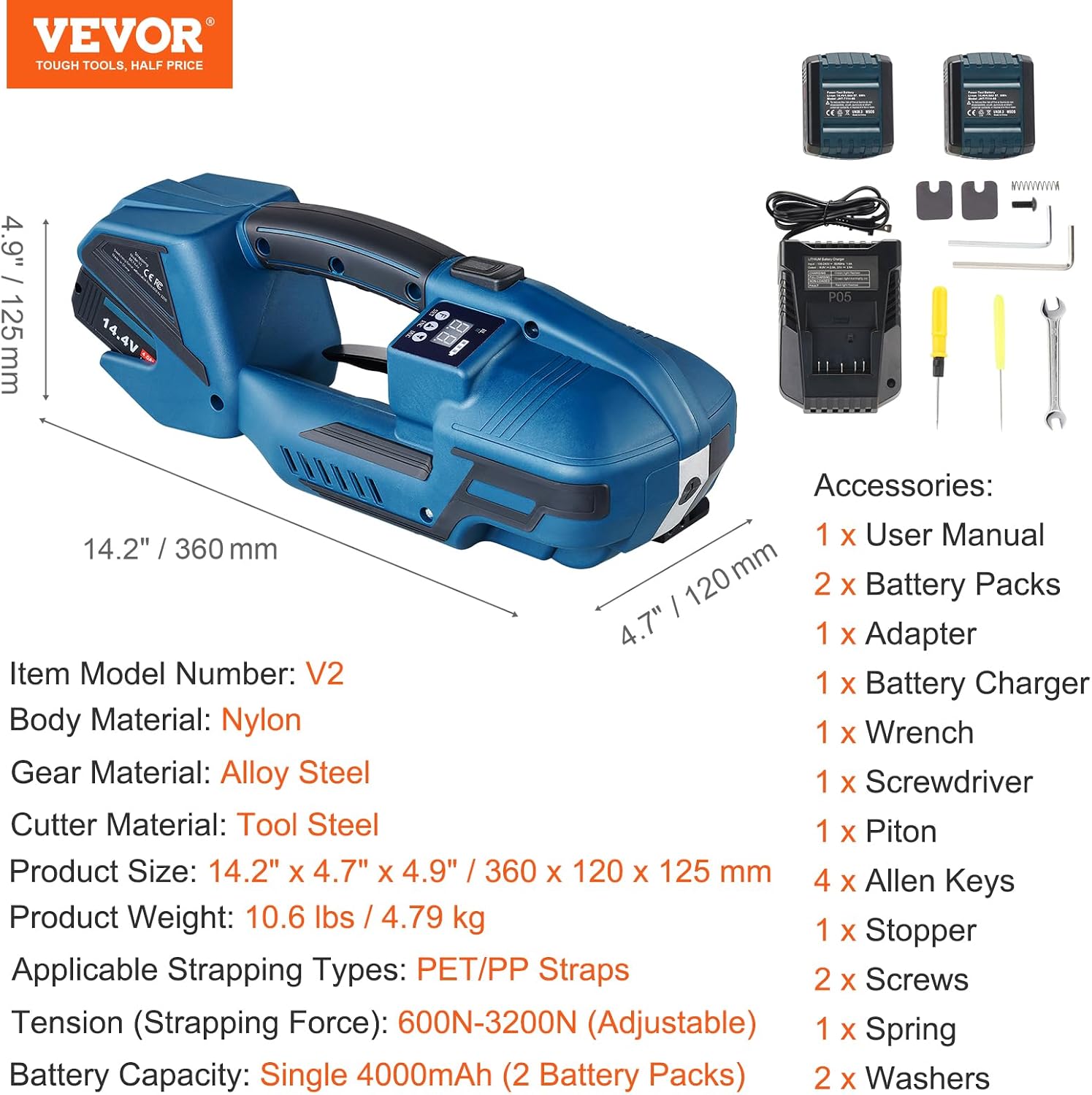 VEVOR Electric Strapping Machine, for 0.35'-0.63' PP PET Straps, Portable Electric Banding Tool with Digital Display, 2 x 4000mAh Battery Powered Automatic Strapping Tool for Packaging Box Pallet