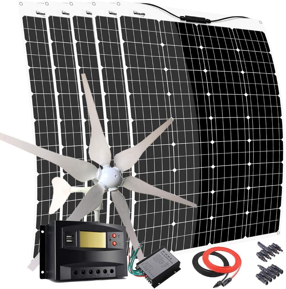 1000W 12V Wind Turbine Generator Kit with 5pcs 120W Flexible Solar Panels/400W Windmill /50A Solar Charge Controller/Wind Regulator/Cables/Connectors for Mobile Home