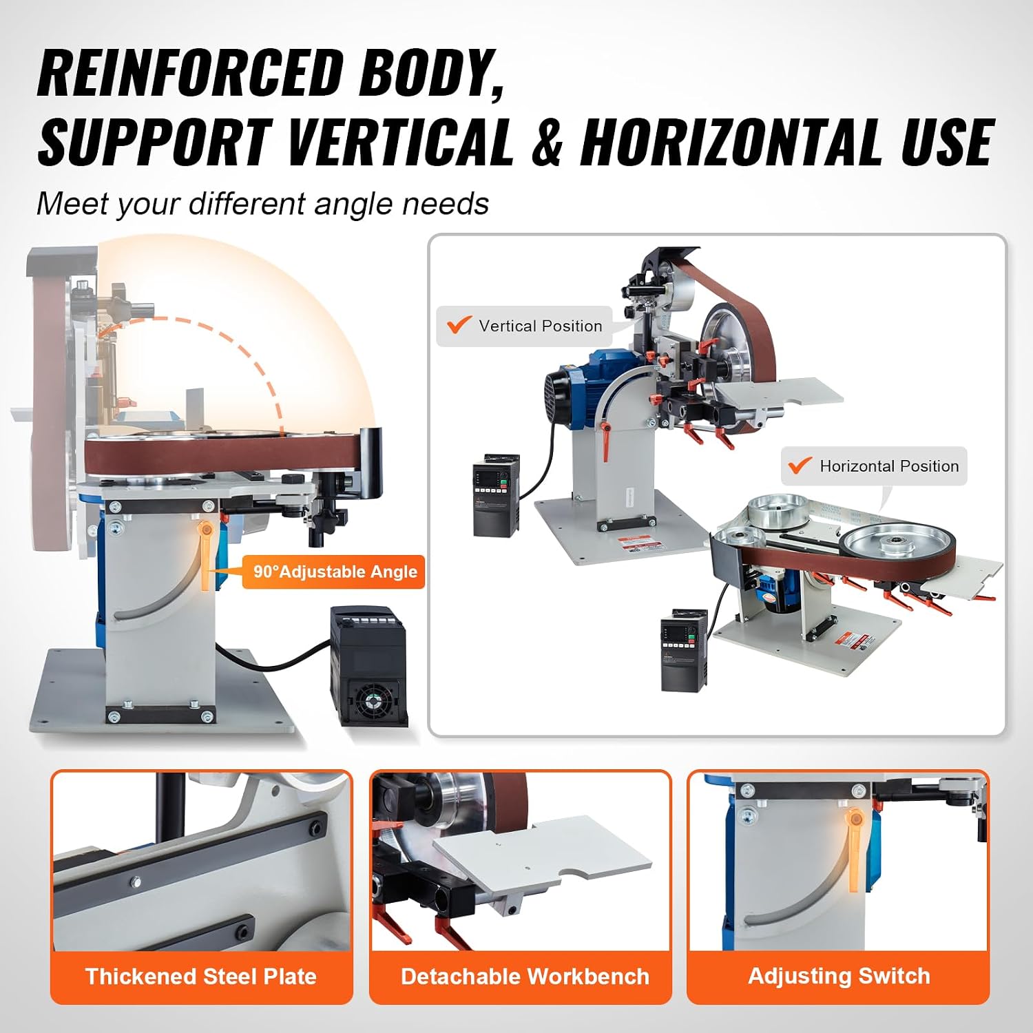 VEVOR Belt Grinder Sander, 72 x 2-Inch Variable Speed Belt Polisher with VFD, 1500W Knife Sharpener with 3 Grinding Moulds & 3PCS Sanding Belts for Metalworking, Compatible with 72'- 82 * 2' Belts