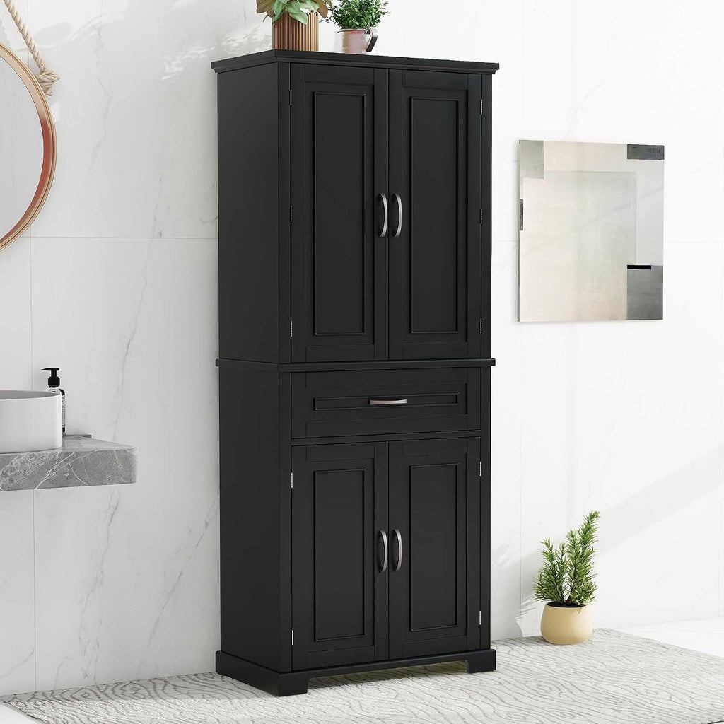 Storage Cabinet with 4 Doors and Drawers, 72.2' H Kitchen Cabinet with 6 Door Shelves, Kitchen Storage Cabinets with Adjustable Shelves for Living Room, Black