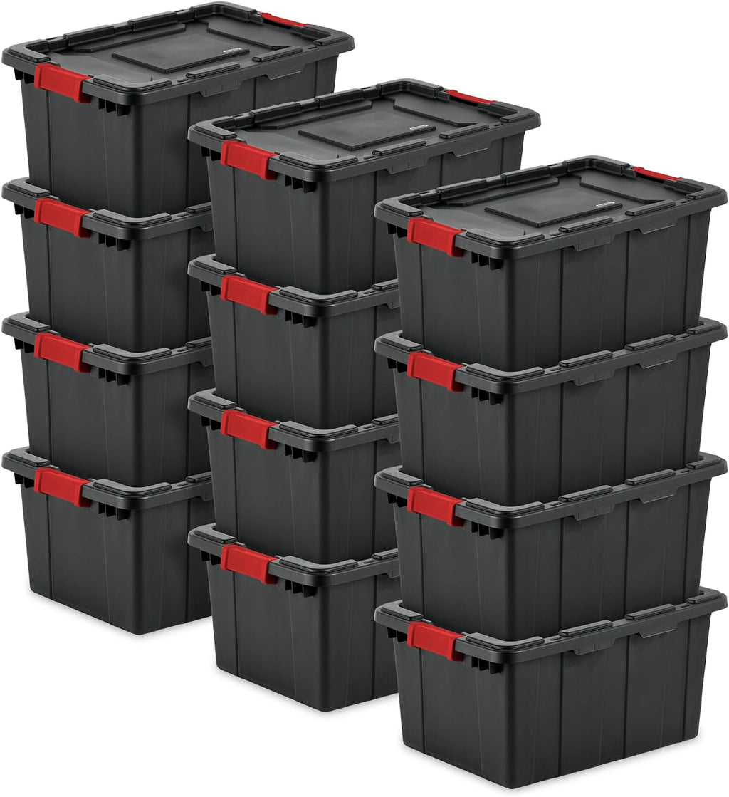 Sterilite 12-Pack Industrial Tote, Plastic Storage Bins with Lids, 15 Gallon, Black - Heavy-Duty Organizing Containers for Closet, Bathroom, and Office