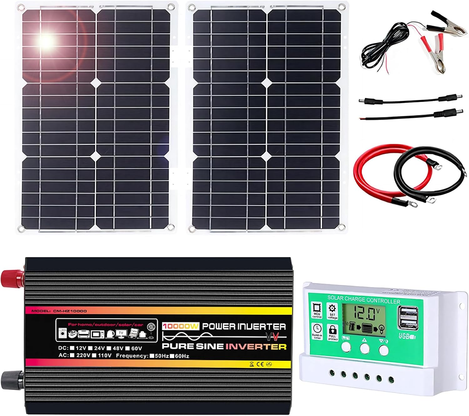 10000W Off-Grid Solar Power Kit for RVs & Boats, Pure Sine Wave Inverter with 50A PWM Controller, Emergency Power Solutions, Renewable Energy System