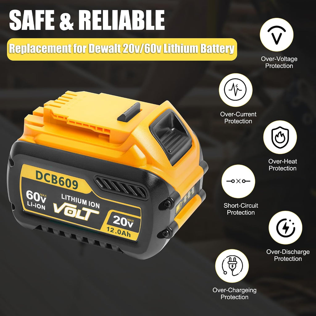 2-Pack 12.0Ah Replacement Battery for DeWalt FlexVolt 20V/60V Max – Compatible with DCB606, DCB609, DCB612, DCB200, DCB205, DCB206 – High Capacity Lithium-Ion Batteries for Cordless Power Tools