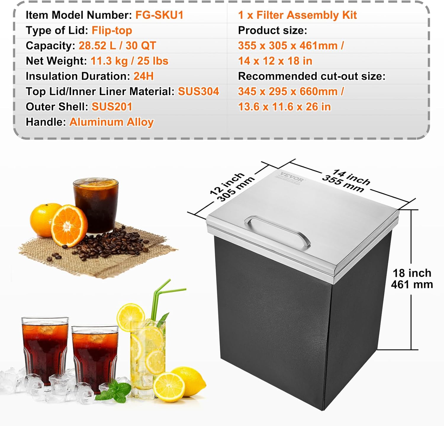 VEVOR Drop in Ice Chest, 14' L x 12' W x 18' H Stainless Steel Ice Cooler, Commercial Ice Bin with Hinged Cover, 40 qt Outdoor Kitchen Ice Bar, Drain-Pipe and Drain Plug Included, for Cold Wine Beer