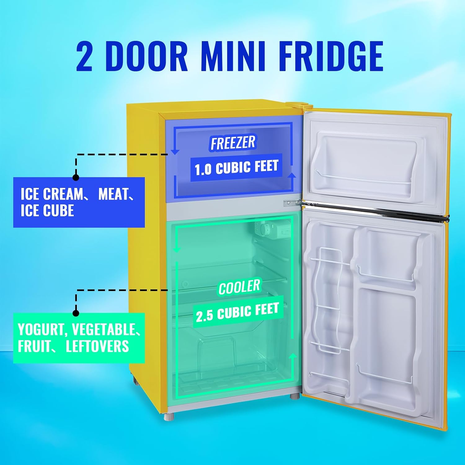 3.5 Cu.ft Fridge Dorm Fridge Refrigerator with Adjustable Glass Shelves, 7 Level Temperature Control Suit for Bedroom, Office, Apartment Yellow