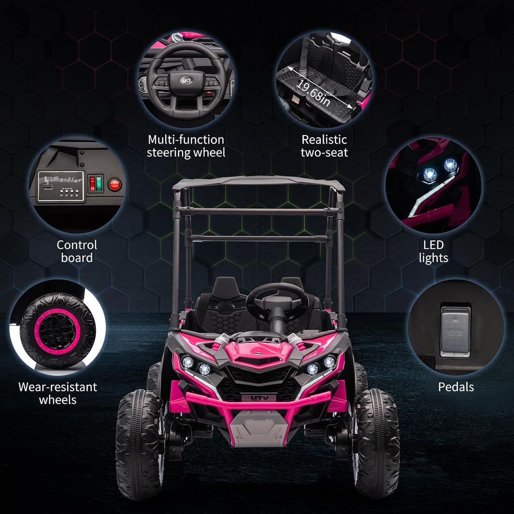 GarveeLife 24V Ride On Utv for Kids, 2 Seater Electric Truck with Sun Shade, 4WD Electric Car Toy with Remote Control, Led Lights, 4 Shock Absorbersm, One Click Start, Music Player(Rose)