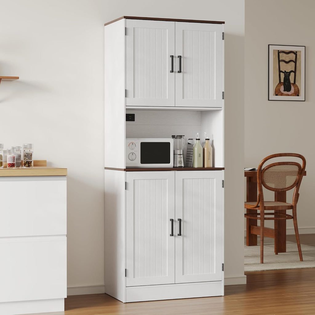 MHOM 71' Tall Pantry Cabinet with Charging Station, Farmhouse Kitchen Hutch with Adjustable Shelves, Modern Kitchen Pantry Storage Cabinet for Dinning Room & Living Room, Antique White