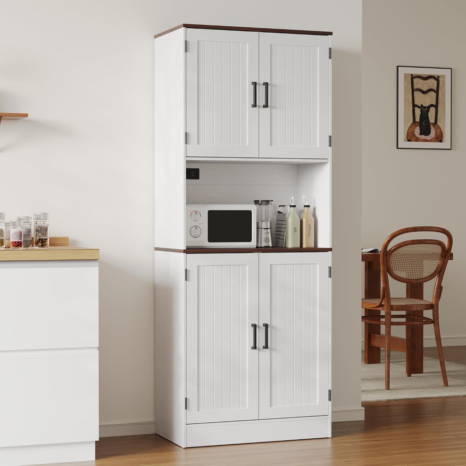MHOM 71' Tall Pantry Cabinet with Charging Station, Farmhouse Kitchen Hutch with Adjustable Shelves, Modern Kitchen Pantry Storage Cabinet for Dinning Room & Living Room, Antique White