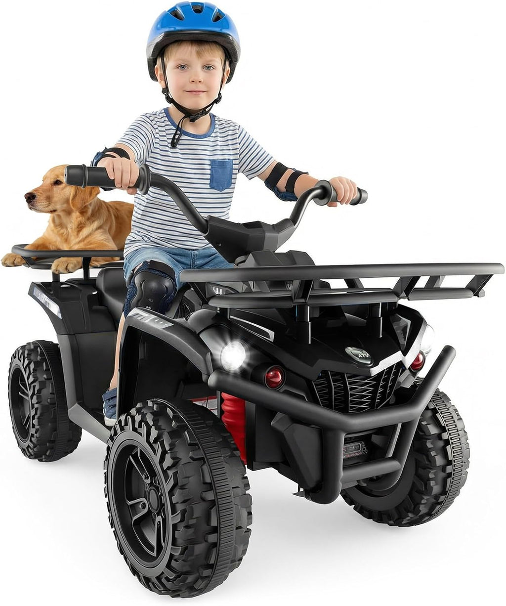 OLAKIDS 24V Kids ATV Quad with 2 Speeds, Spring Suspension, LED Lights, Music & Story Player, Big Tires, 2 Storage Spaces, Ride On Car for Boys Girls Ages 3+ (24V, Dark)