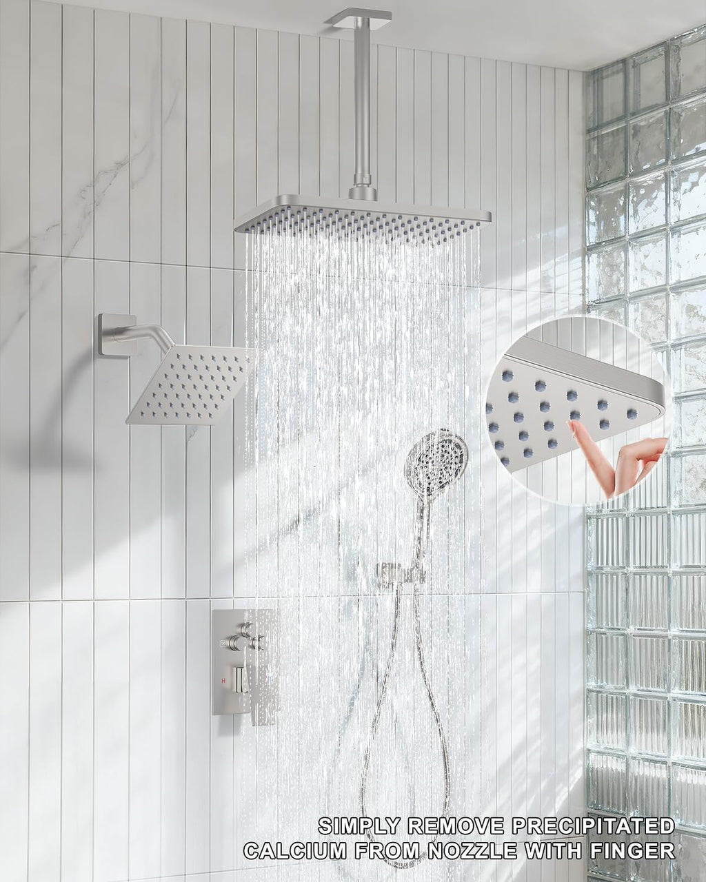 KOJOX Brushed Nickel Dual Shower Head System – 11' Ceiling Rainfall + 6' Wall Mount Heads, 6-Mode Handheld Spray, Push-Button Diverter Faucet Set