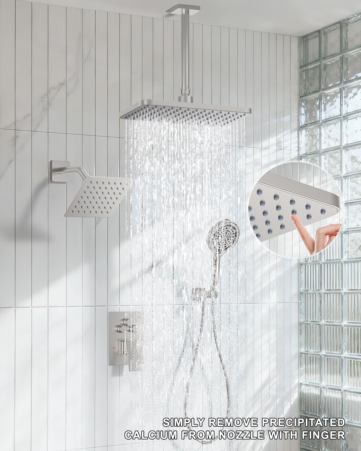 KOJOX Brushed Nickel Dual Shower Head System – 11' Ceiling Rainfall + 6' Wall Mount Heads, 6-Mode Handheld Spray, Push-Button Diverter Faucet Set