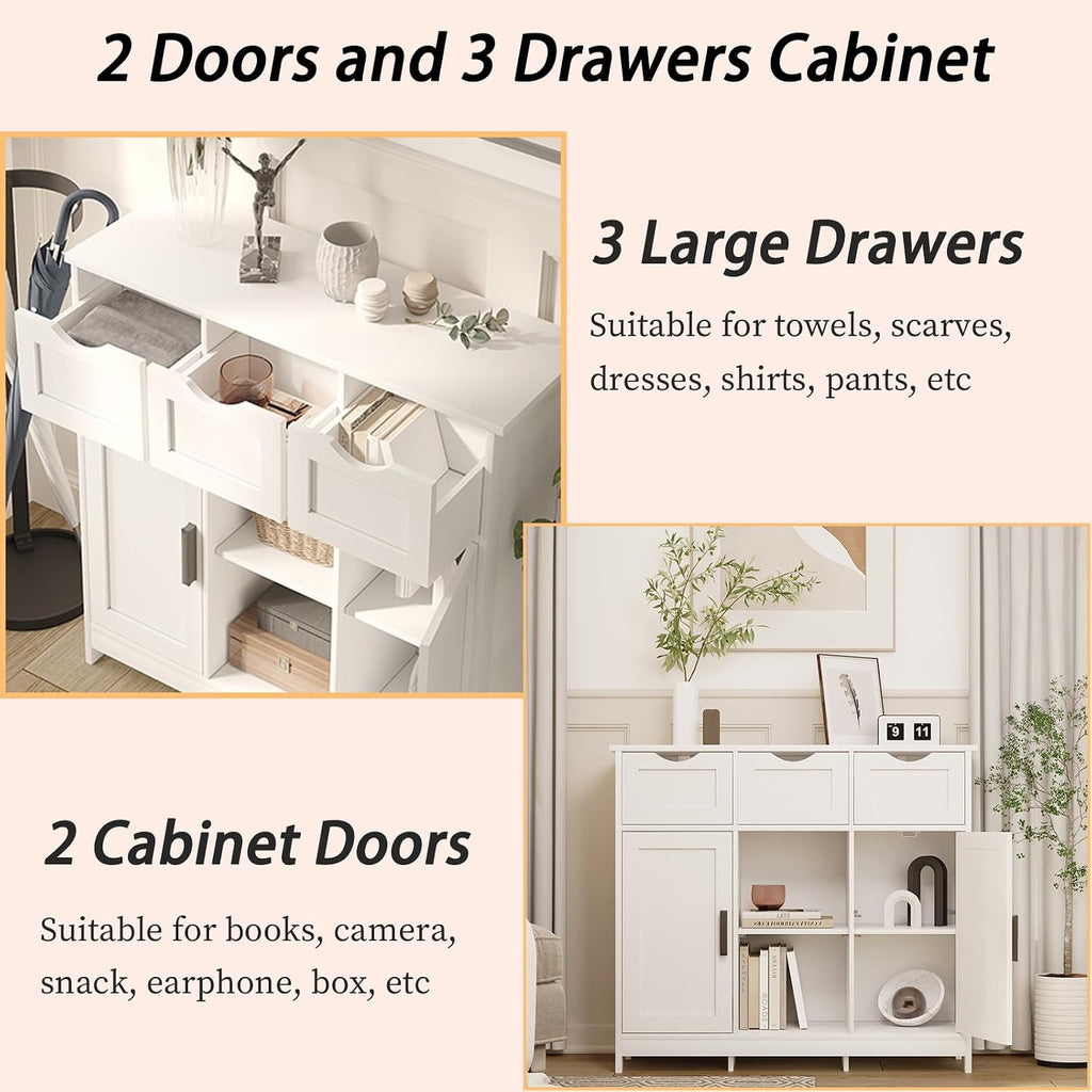 Sideboard Floor Storage Cabinet - Wooden Storage Organizer with 2 Doors and 3 Drawers, Free Standing Accent Buffet Cabinet with Adjustable Shelves for Living Room, Kitchen,Bathroom (White)
