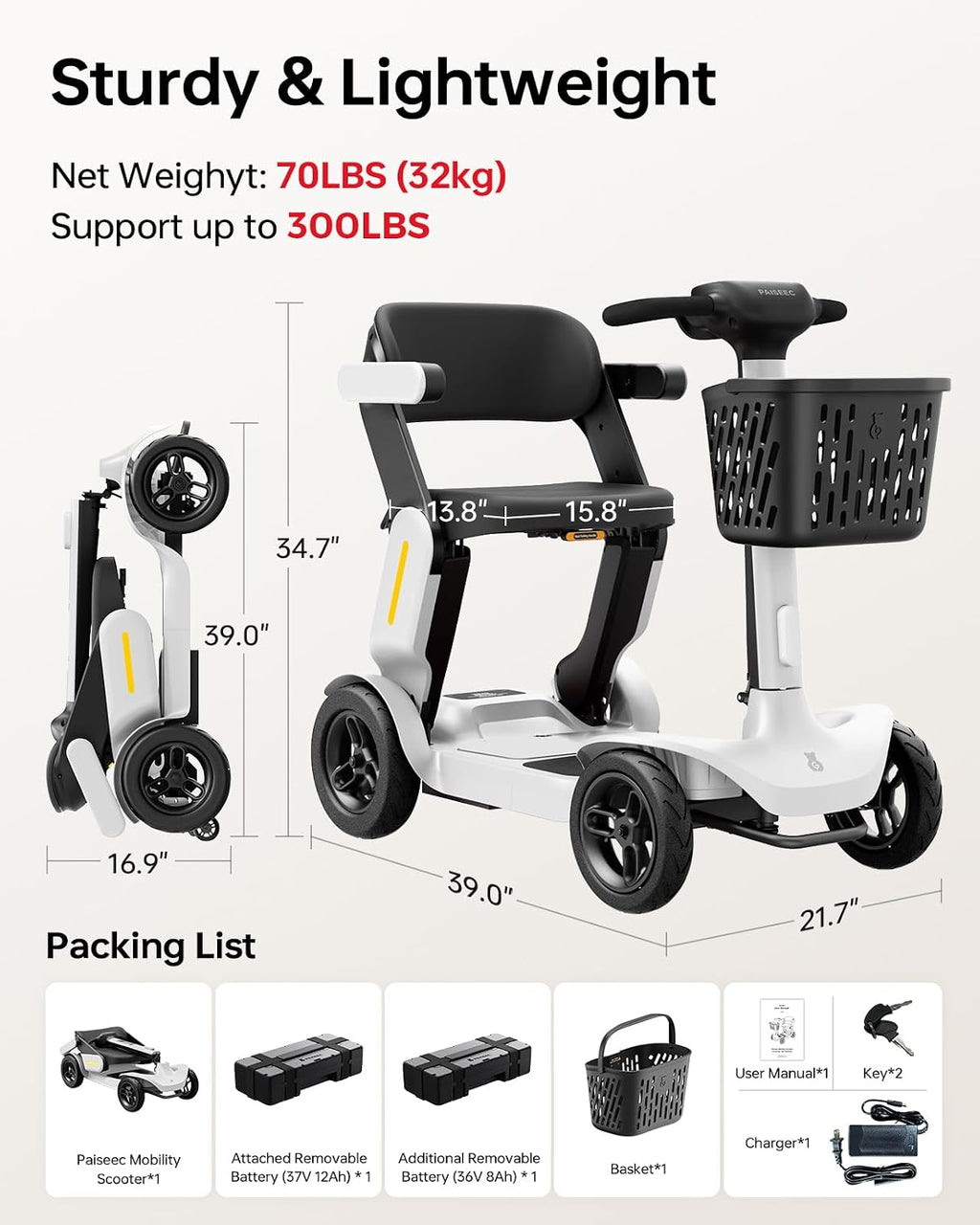 40 Miles Foldable Mobility Scooter for Seniors Paiseec S3 Pro, Lightweight Mobility Scooters, All-Terrain Folding Mobility Scooters, 250W Powered 4 Wheels Mobility Scooter for Adults Elderly