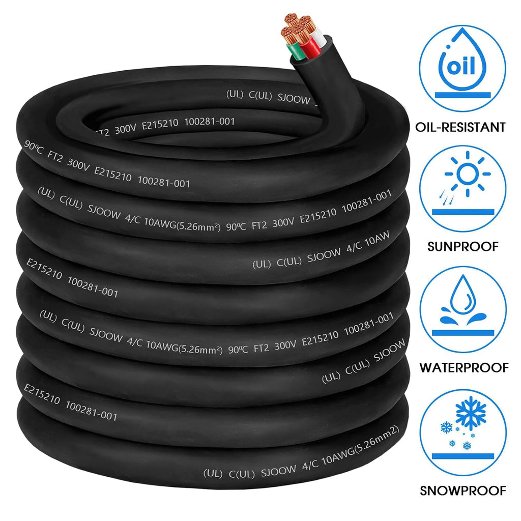 10/4 AWG Wire SJOOW Cable 10 Gauge Portable Power Cable 300V 4 Conductor 10/4 10 Gauge SJOOW Power Cord Electric Wire for Motor Lead,Generator,Welder,NEMA 14-30 RV Outlet Box,Car Battery Charger-100ft