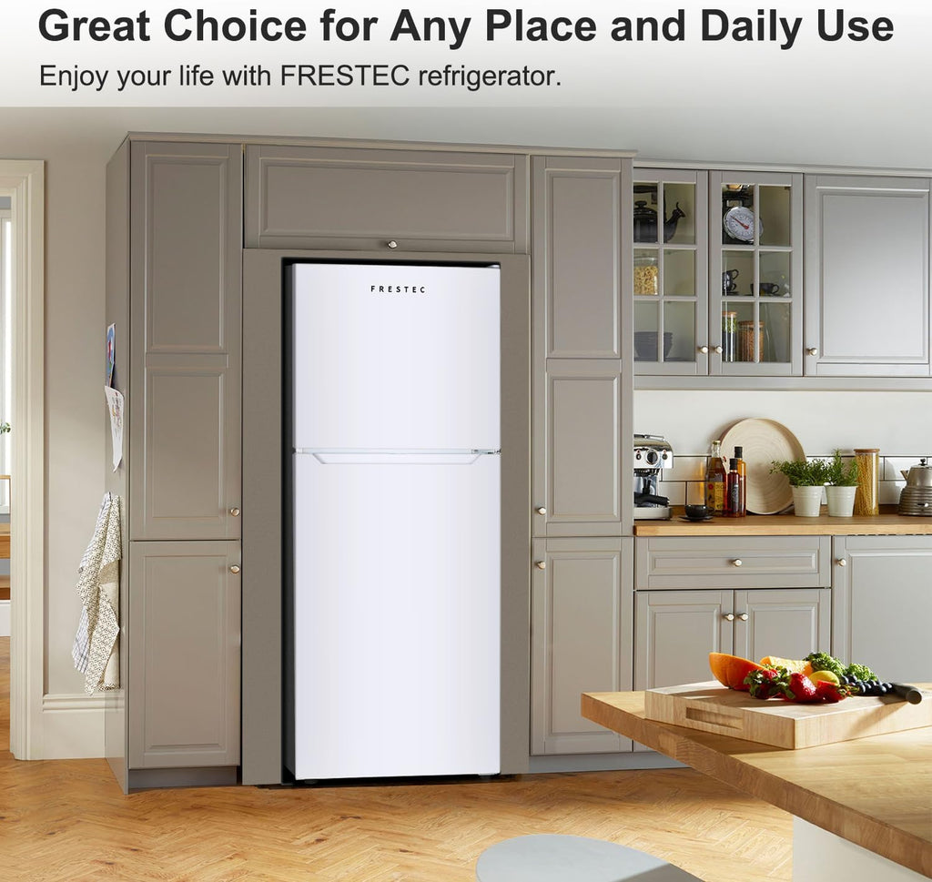 12.1 CU' Refrigerator with Freezer, Apartment Size Refrigerator Top Freezer, 2 Door Fridge with Adjustable Thermostat Control, Freestanding, Door Swing, White (FR 1202 WH)