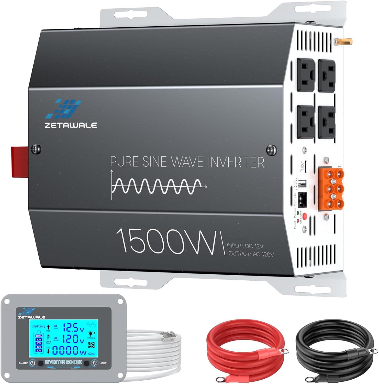 1500W Pure Sine Wave Inverter 12V DC to 110V/120V AC Converter, 3000W Peak, LCD Remote Control, 4 AC Outlets, USB & Type-C – for RV, Truck, Camping, Off-Grid Solar, Emergency Power
