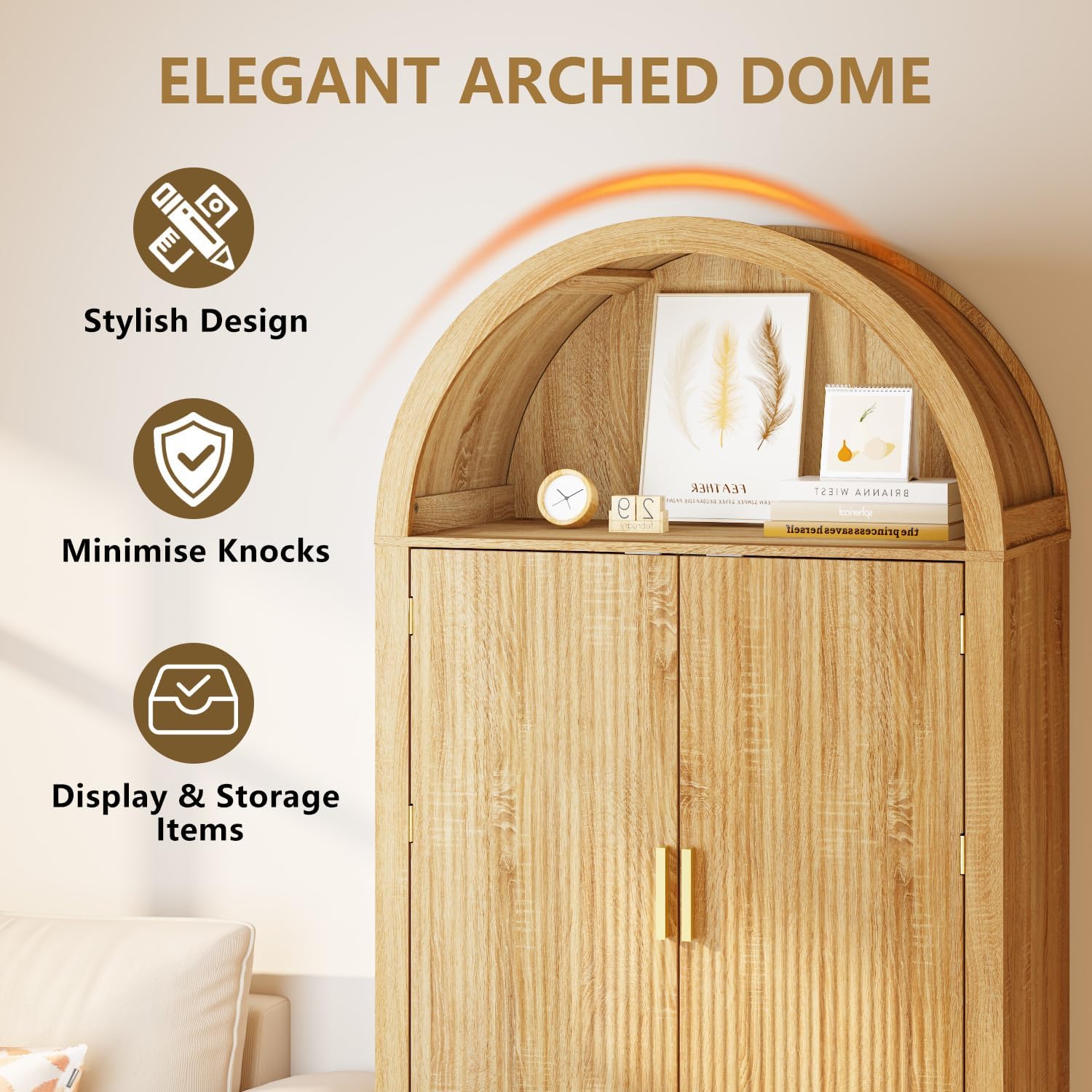 Arched Cabinet, 71' Tall Arched Kitchen Pantry Storage Cabinet with Doors, Modern Fluted Kitchen Storage Cabinet with Adjustable Shelves, Natural Cupboard for Kitchen, Dining Room, Bathroom