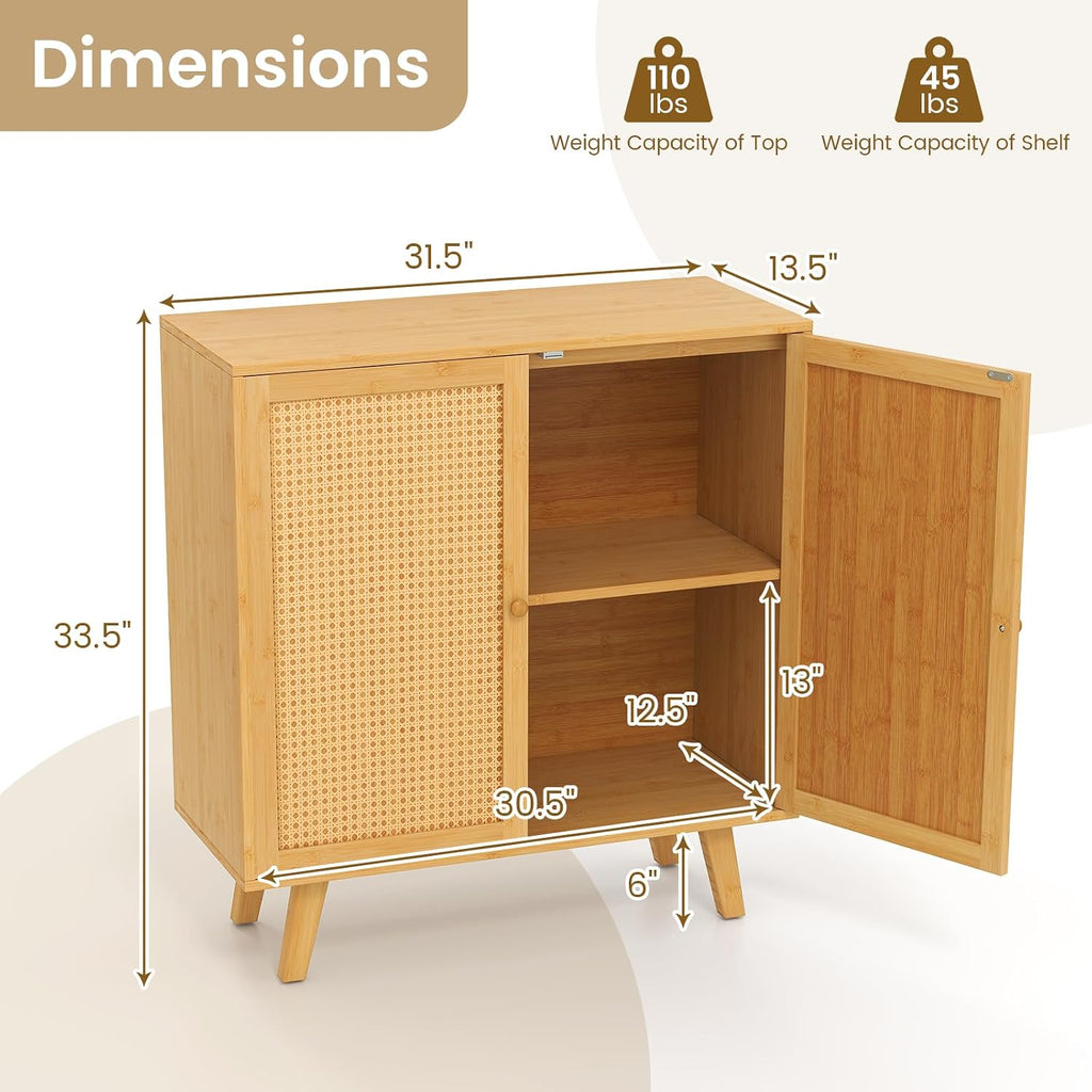 LOKO Bamboo Buffet Cabinet Set of 2, Boho Storage Sideboard with PE Rattan Doors, Freestanding Kitchen Cupboard, Coffee Bar Accent Cabinet for Living Room, Dining Room, Hallway, Natural (2)