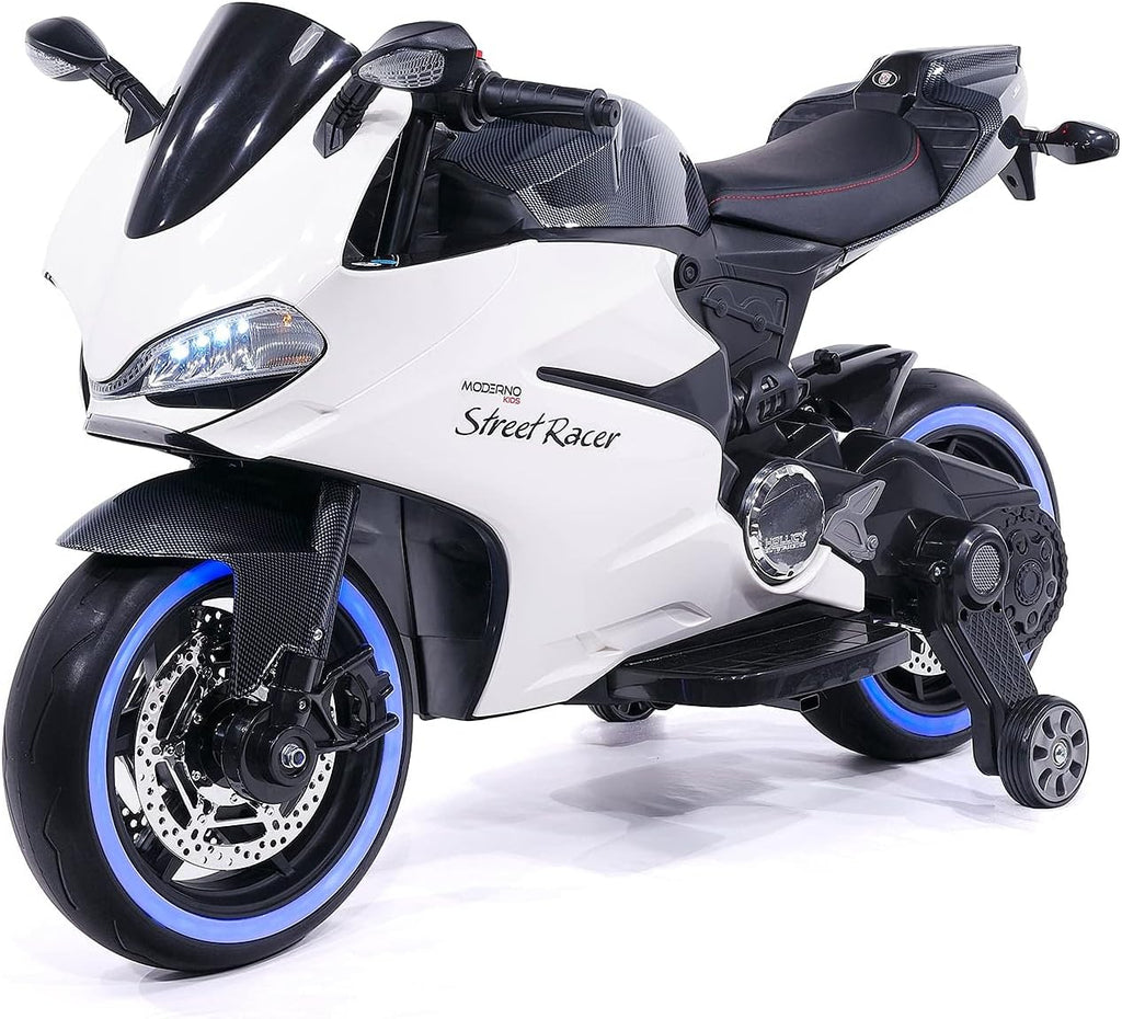 Moderno Kids Street Racer 12V Battery Power Electric Children Ride-On Motorcycle Bike + EVA Foam Rubber Tires + Leather Seat + MP3 USB Music Player + LED Lights + Training Wheels