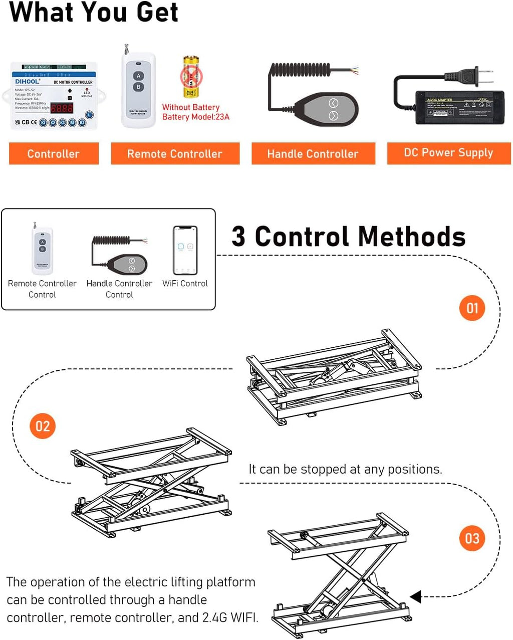 DIHOOL Electric Scissor Lift Table, 350Lbs Capacity, 7.68'-26.77' Height Adjustable Lifting Platform, Super Quiet with Remote & WiFi Control, Obstruction Detection, AC/DC Power for Home/Industrial Use