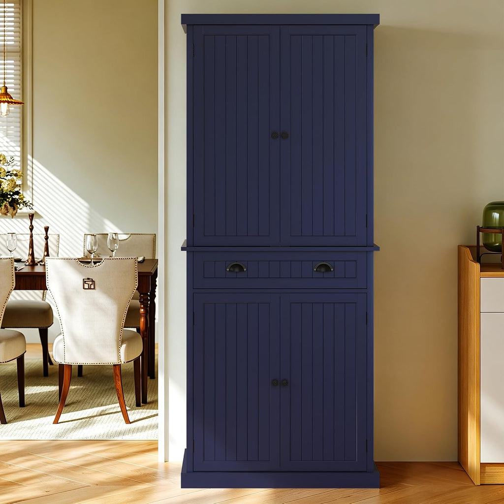 Kitchen Pantry Cabinet, Tall Pantry Storage Cabinet with Drawer and Adjustable Shelves, Blue Freestanding Cupboard for Kitchen, Dining Room and Living Room