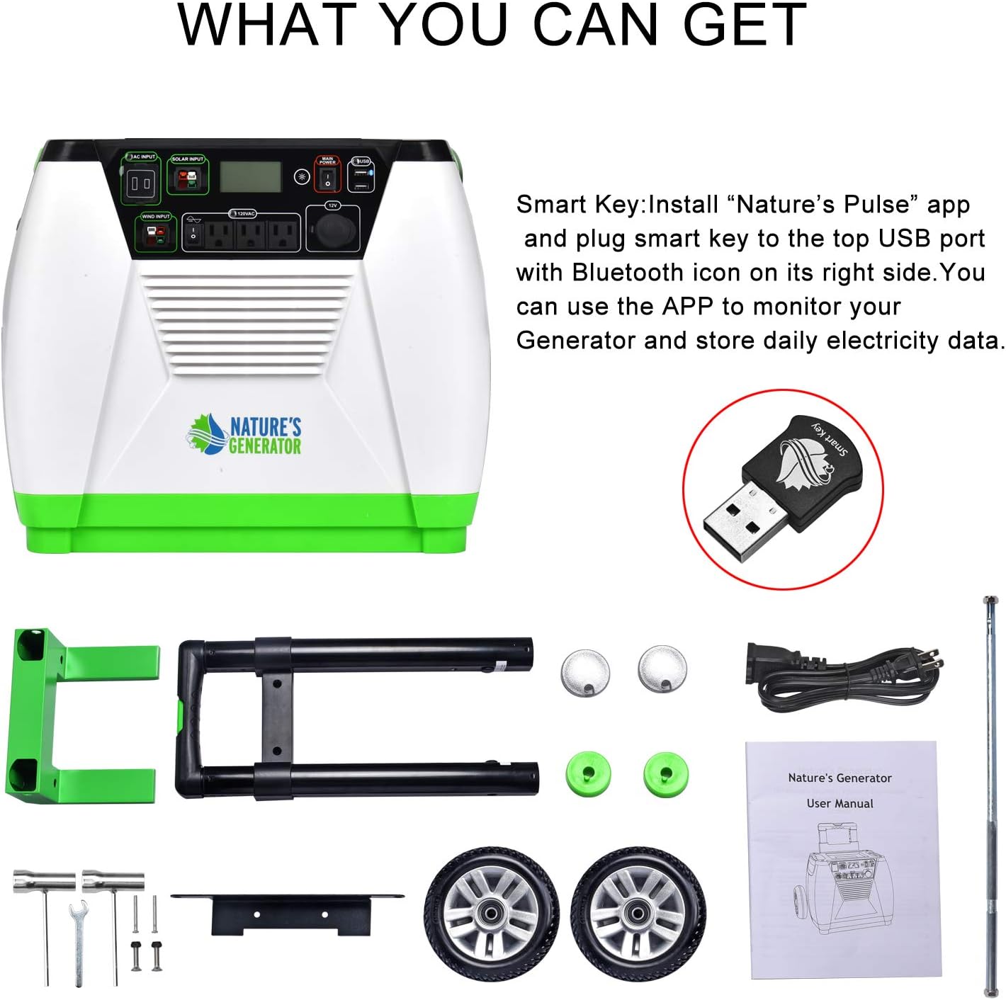 Nature's Generator with Cart -1800w Solar and Wind Powered Generator in Quiet Operation with 12V DC port,2 USB ports and 3 AC outlets