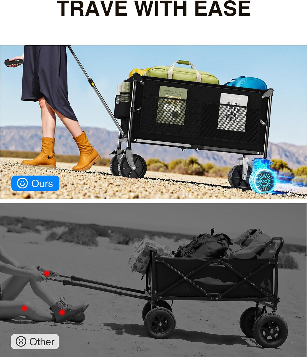 Everyfun Electric Utility Wagon Cart–330 lb Load, 180 L Foldable Beach Wagon with Remote, 4-Speed, All-Terrain Wheels for Camping, Beach, Garden & Shopping, Black