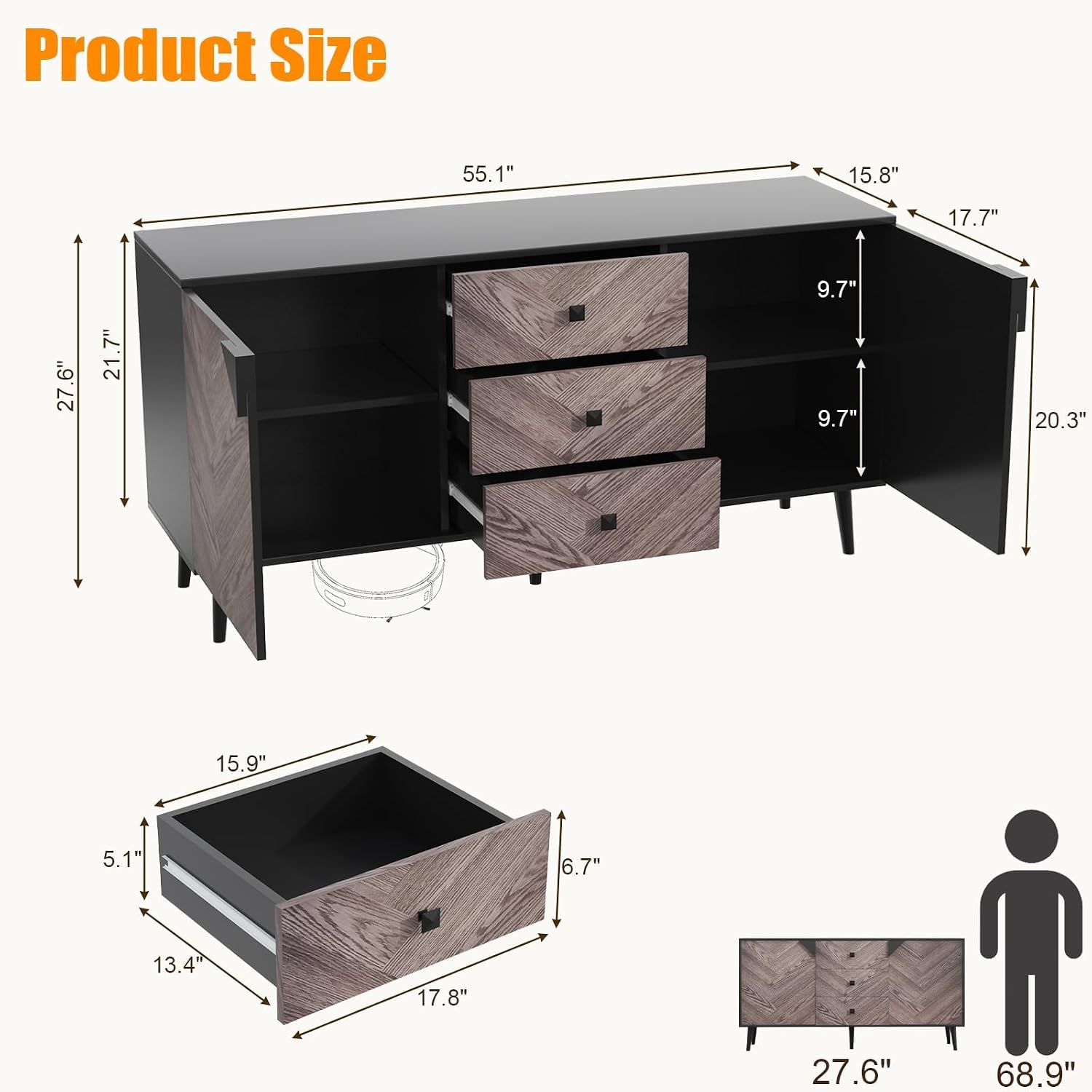 Large Storage Cabinet with Shelves & Doors, Sideboard Buffet Cabinet with Drawer, Entryway Cabinets, Accent Cabinets for Living Room, Dining Room, Entryway