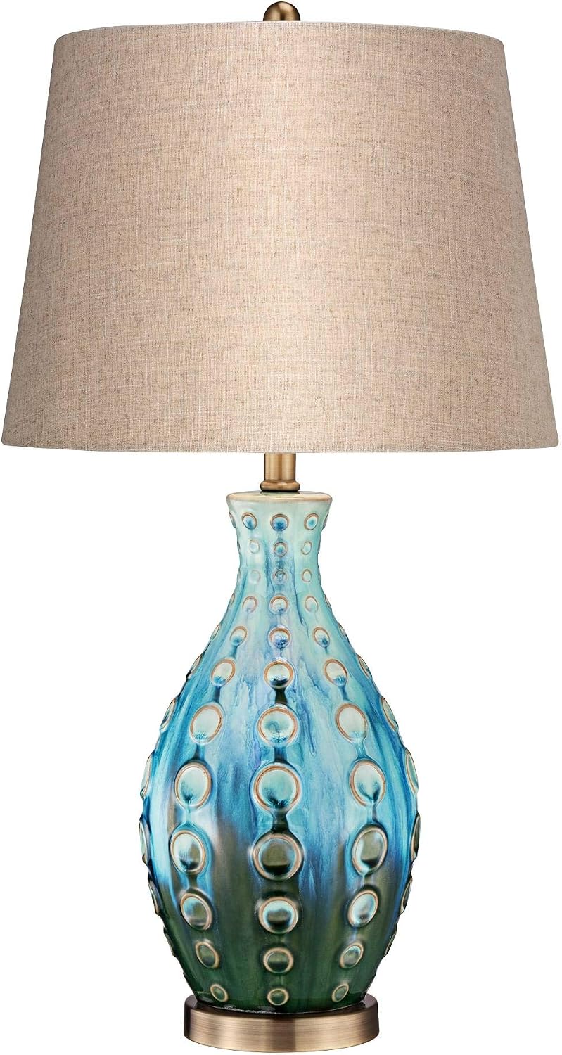 360 Lighting Mid Century Modern Style Vase 3-Way Table Lamp with Table Top Dimmer 26.5' High Teal Ceramic Tan Fabric Drum Shade for Living Room Bedroom House Bedside Home Office (Color May