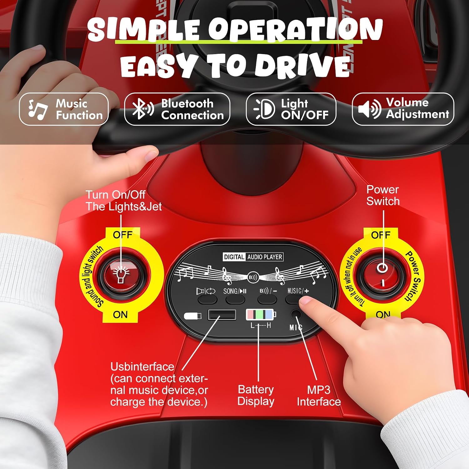 12V Electric Wiggle Car Ultra with Pedals, Rechargeable Swing & Drift Car, Anti-Rollover Design with Backrest, Spray, Flashing Lights, Music & Bluetooth, for Ages 3 and Up, 150 lbs(Red + Purple)