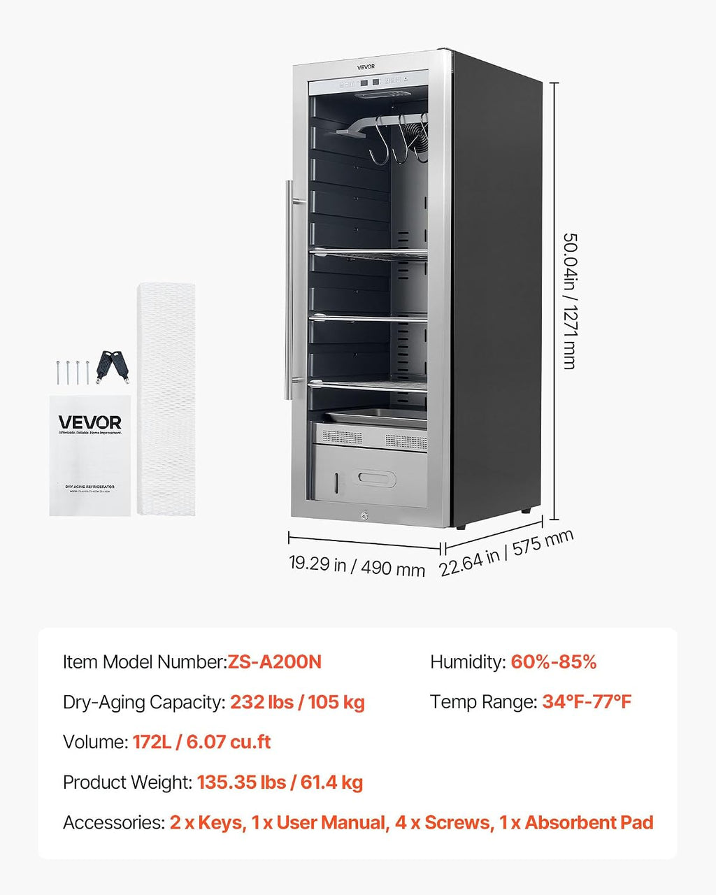 VEVOR 232 LBS Dry Aging Fridge for Steaks, Dry Ager Refrigerator for Meat with Precise Temperature & Humidity Control, Freestanding Beef Aging Machine Refrigerator, Himalayan Salt Not Included