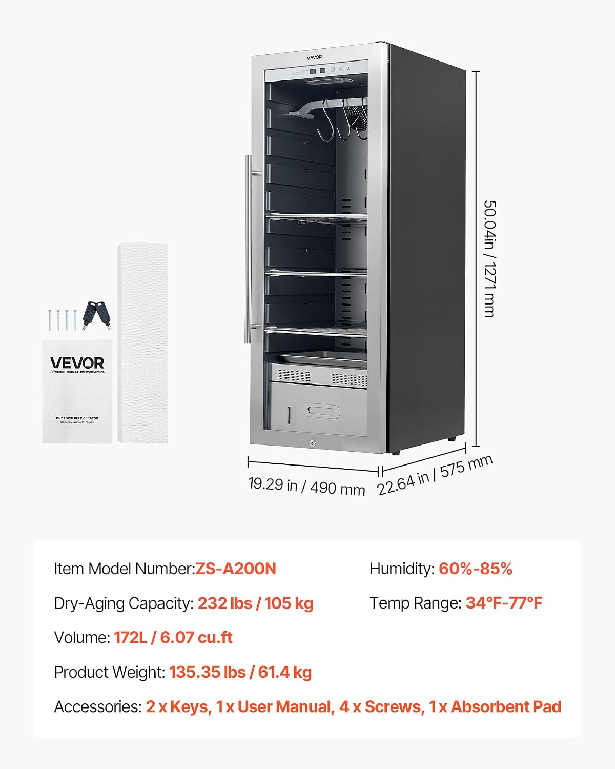 VEVOR 232 LBS Dry Aging Fridge for Steaks, Dry Ager Refrigerator for Meat with Precise Temperature & Humidity Control, Freestanding Beef Aging Machine Refrigerator, Himalayan Salt Not Included