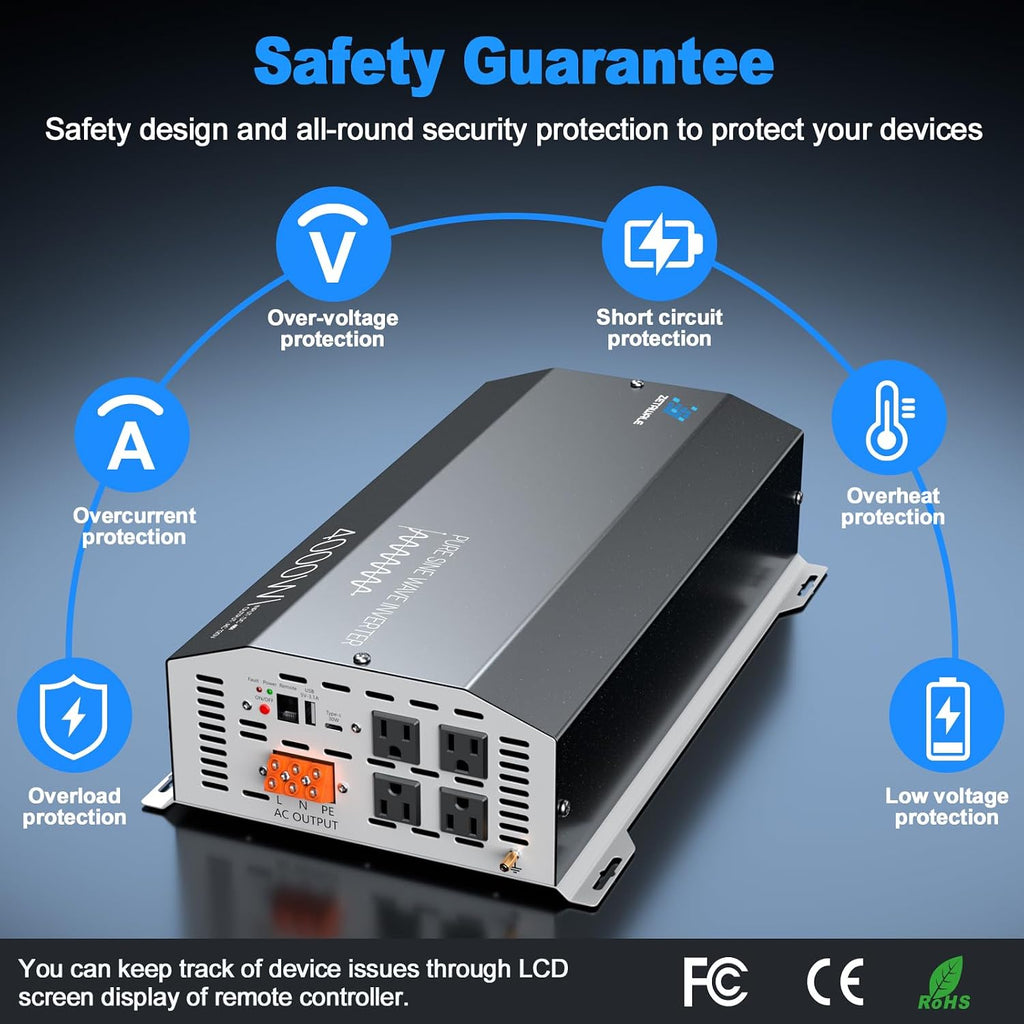 4000W Pure Sine Wave Inverter 48V DC to 110V/120V AC Converter, 8000W Peak, High-Efficiency Off-Grid Power Inverter for Solar System, 4 AC Outlets, USB & Type-C, LCD Remote Control