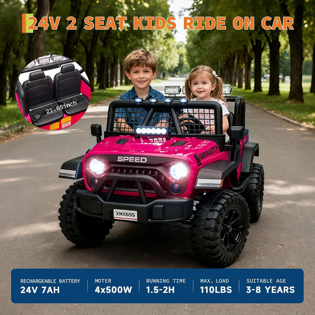 24V Ride on Car for Kids, 2 Seater Electric Truck with Parent Remote Control, Spring Suspension, 2 Speeds, LED Headlight & Music Player, Kids Electric Vehicle for Aged 3-8 Years, Pink