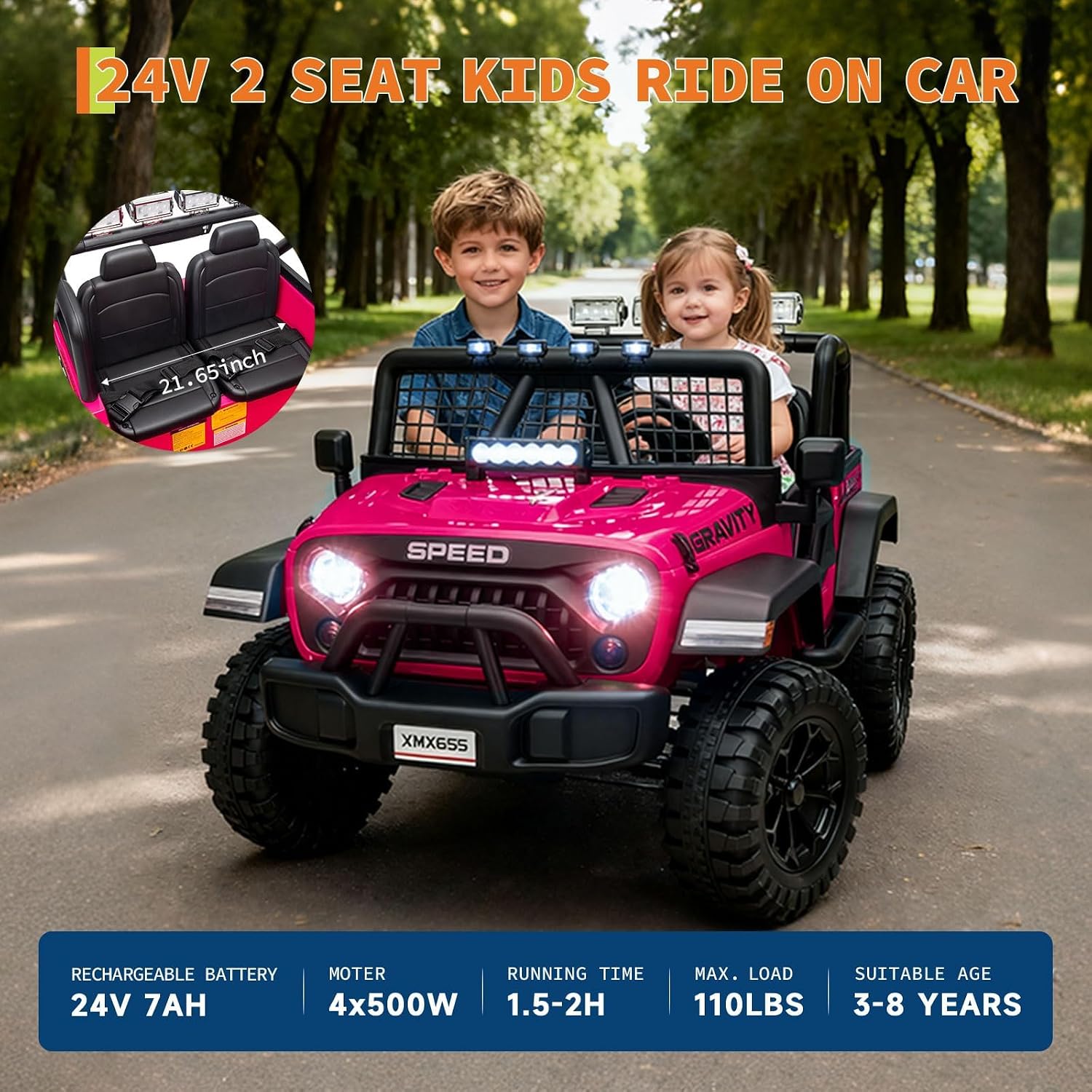24V Ride on Car for Kids, 2 Seater Electric Truck with Parent Remote Control, Spring Suspension, 2 Speeds, LED Headlight & Music Player, Kids Electric Vehicle for Aged 3-8 Years, Pink